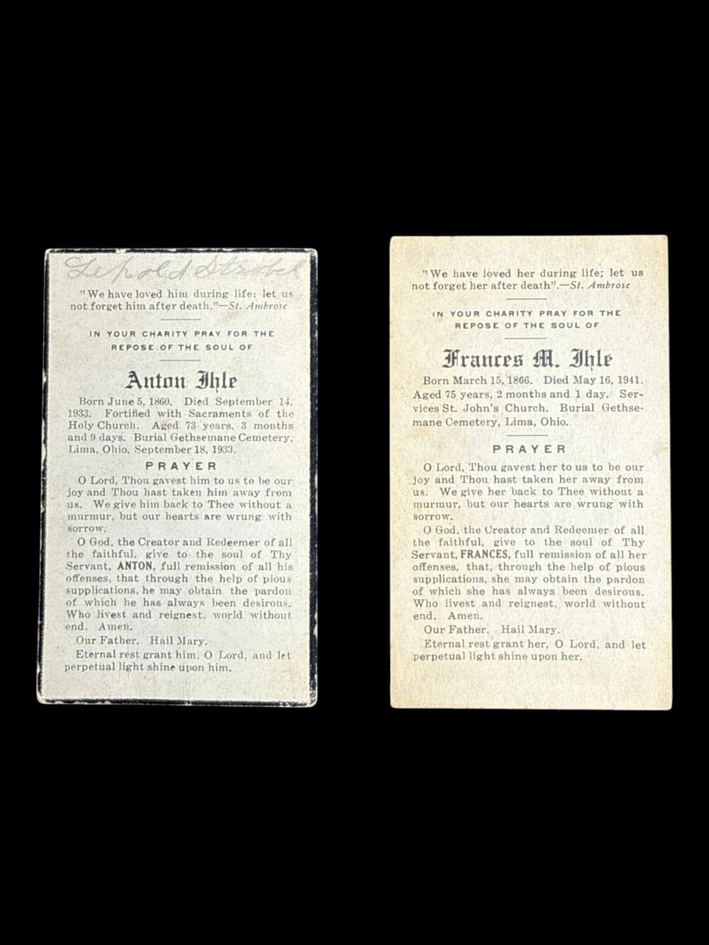 1933 1941 Anton Frances Ihle Lima Ohio Catholic Memorial Cards Husband Wife